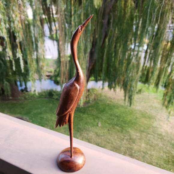 Hand-Carved Wooden Crane Sculpture – 13" Tall Elegant Bird Figurine - Picture 4 of 11